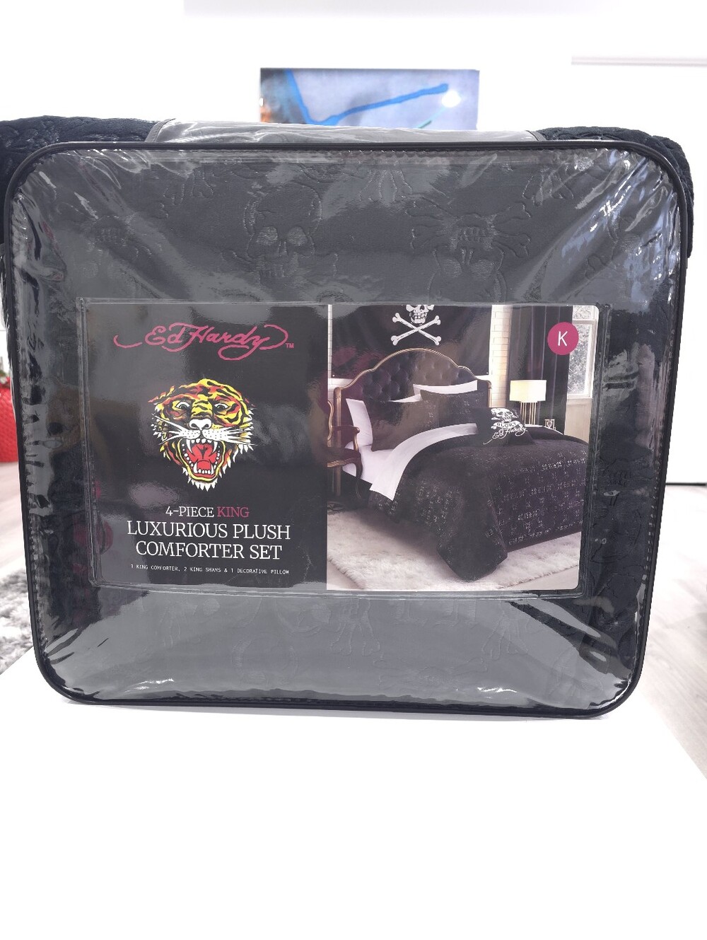 Ed Hardy KING 4-Piece Skull Embossed Black Comforter Set Set